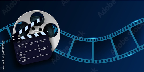 Cinema film strip wave, film reel and clapper board isolated on blue background. 3d movie flyer or poster with place for your text. Template design cinematography concept of film industry. Vector EPS