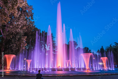 olorful magical fountain on the Margaret in Budapest Island in the evening. Long exposure photo.
