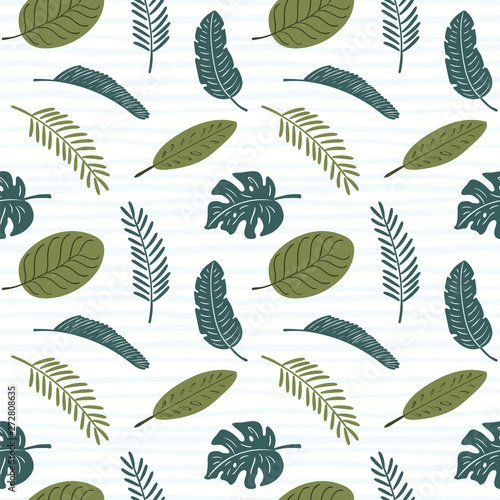 Hand drawn seamless floral pattern with tropical palm leaves, green on blue stripes background. Vector illustration. Flat style design. Concept for textile print, wallpaper, wrapping paper.