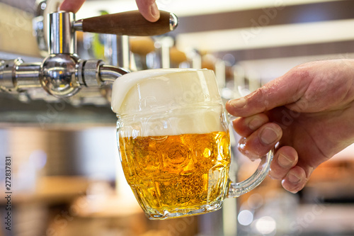 A man pouring draft lager beer into a dimpled glass mug in a modern pub. Overflowing glass.