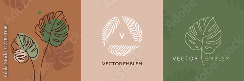 Vector abstract logo design templates in trendy linear minimal style - monstera leaf - abstract symbol for cosmetics and packaging, jewellery, hand crafted or beauty products 