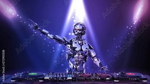 DJ Robot, disc jockey cyborg pointing and playing music on turntables, android on stage with deejay audio equipment, 3D rendering