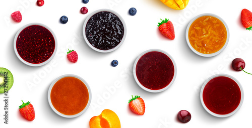 Berry and fruit jams isolated on white background, top view