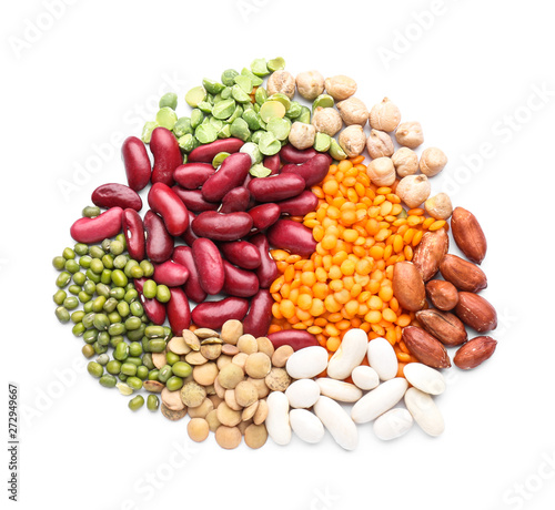 Different legumes on white background