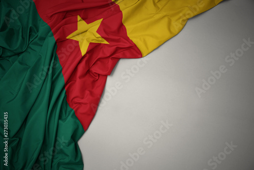 waving national flag of cameroon on a gray background.