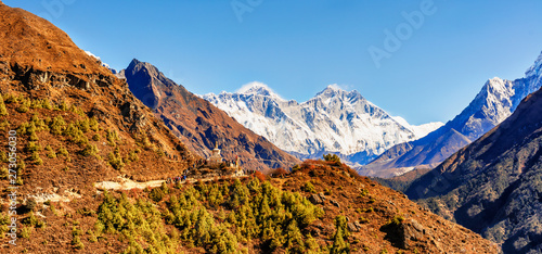 Mt. Everest, Lhotse, Nuptse on the trek route from Namche Bazaar to Tengboche in Nepal