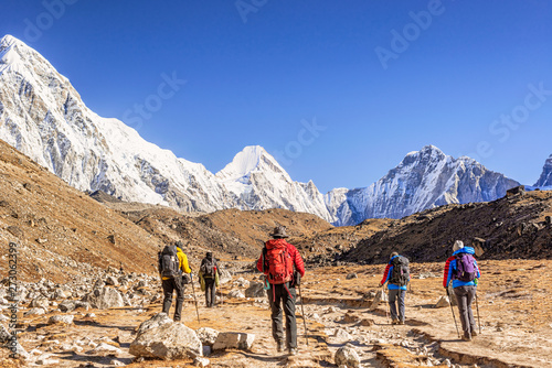 Himalayan mountains peaks and trekkers on the Everest Base Camp trek, Nepal