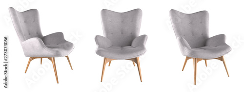 Modern grey armchair set isolated on white background. 3D render illustration.