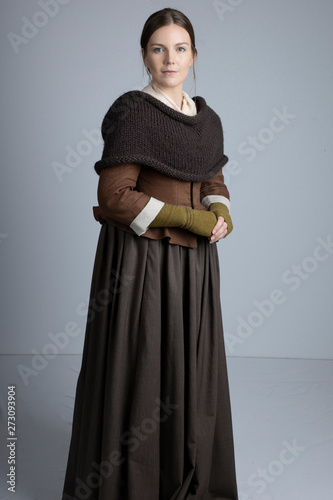 18th century woman in brown ensemble studio backdrop