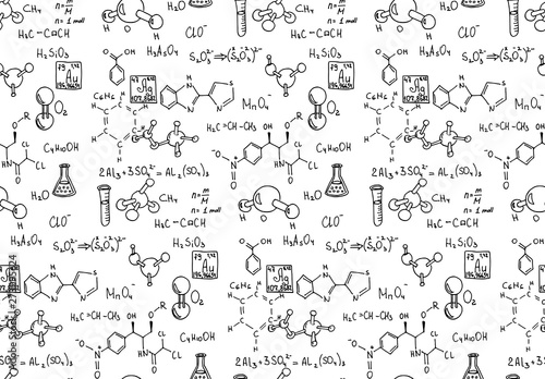 Chemical formula and outlines on whiteboard. Vector seamless pattern. Scientific and education background. 
