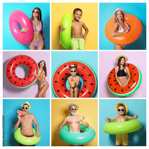 Set of people with bright inflatable rings on color background