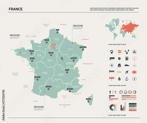 Vector map of France. Country map with division, cities and capital Paris. Political map, world map, infographic elements.