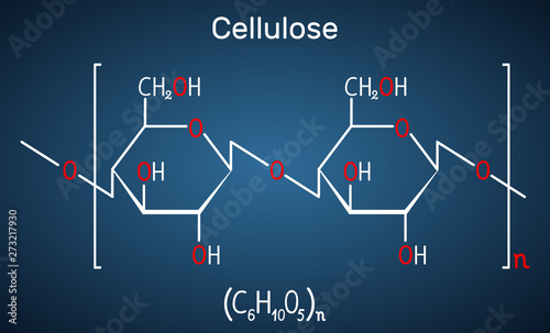 Cellulose polysaccharide molecule. Structural chemical formula on the dark blue background