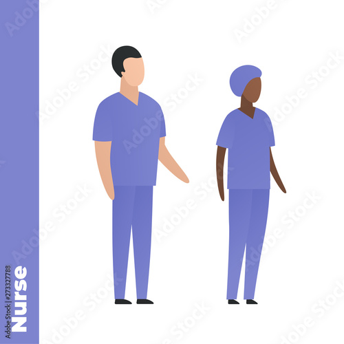 Trendy flat medical character vector cartoon illustration. Set of male and female black and white nurse team. Blue nursery uniform. Common department. Concept of caregiver personel.