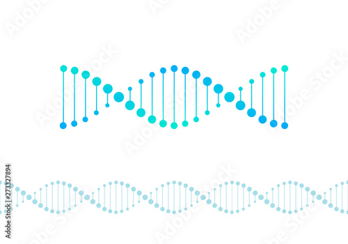 Vector science design elements. Flat blue gradient DNA spiral symbol and horizontal border seamless pattern isolated on white background. Design for scientific banner, poster, logo, infographic, web