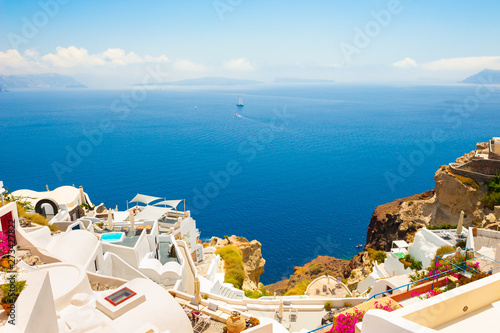 Panoramic view of Santorini island, Greece. Beautiful summer seascape. Famous travel destination