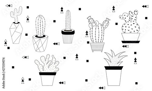 Set of black outline cactuses contour drawing isolated on a white background