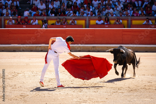 Young bullfighter in Pamplona bullring, Spain