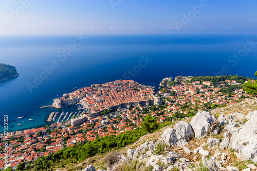 Sightseeing of Croatia. Aerial view of Dubrovnik old town and Adriatic sea, Dubrovnik town, Croatia