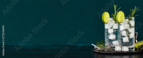 banner of classic gin and tonic cocktail with rosemary sprigs in tall glasses on a table with bar accessories