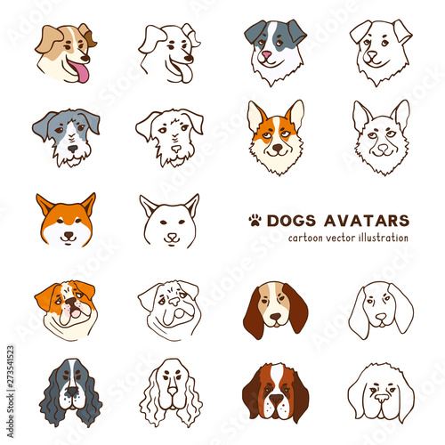 Dog head avatars. Different breeds. Funny cartoon illustration. 