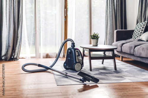 Vacuum cleaner in living room at home