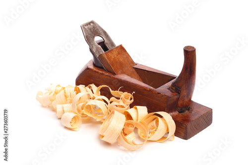 planer and sawdust isolated on white background