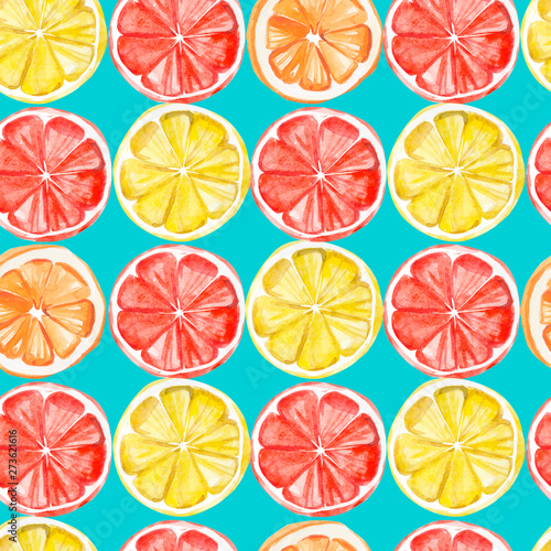 Watercolor tropical fruit pattern. lemon, orange, grapefruit print for the textile fabric, wallpaper, poster background, vibrant intense colour, slice tutti fruity - on color background