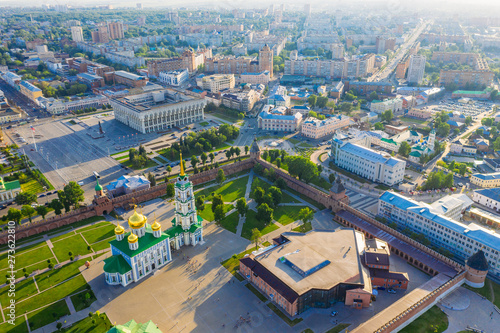 Aerial view of Tula Kremlin and Epiphany Cathedral - ancient Orthodox Church in city downtown, drone photo