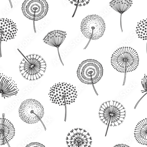 Dandelion seamless pattern. Dandelions grass pollen plant seeds blowing tranquil wind fluff flower macro nature vector spring texture. Dandelion seamless pattern, flower softness illustration