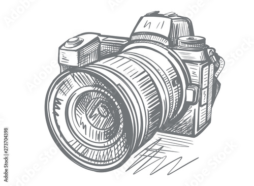 Modern camera in doodle style. Gray hand drawn