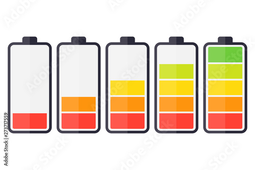 Illustration of battery level indicators. Battery life, accumulator, battery running low, battery recharging vector