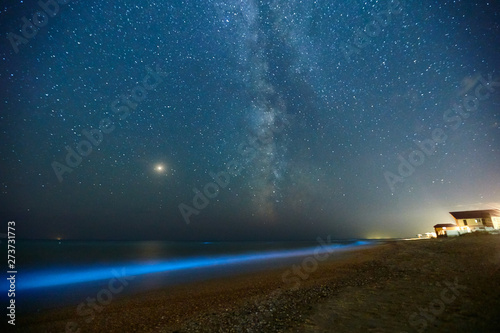 Long exposure shot of glowing plankton on sea surf and milky way. Blue bioluminescent glow of water under the starry sky. Rear nature phenomenon. Bright Mars planet among constellations in night sky.
