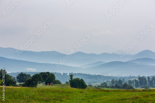 Beautiful landscape with meadow and hills in Slovenia