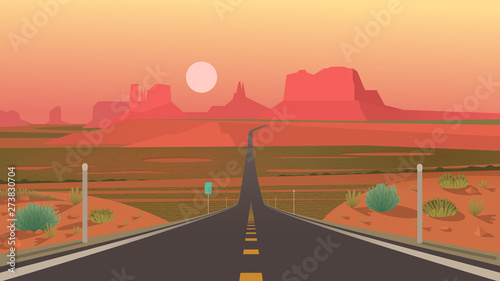 Forrest Gump Point, Monument Valley, Arizona. Highway in Monument Valley, Navajo Tribal Park. Vector illustration