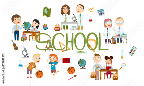 A set of boys and girls at school. Student in different lessons. Conducting experiments. Cute Vector Illustration