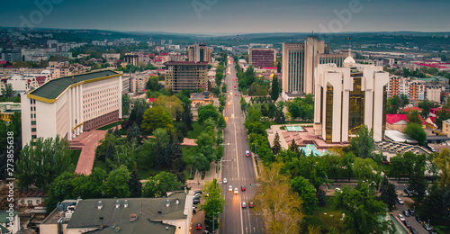 Aerial shot of center in Chisinau City. Presidential Palace and Parliament. Moldova, 2019