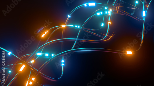 Digital wires with moving information impulse. Creative composition with cables transfering big data and neon light. Twisted lines in motion. Colorful vortex, abstract background. 3d rendering