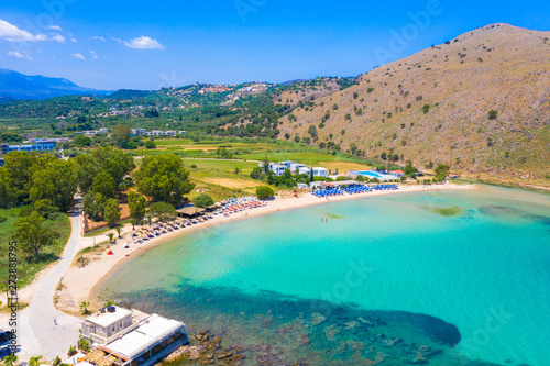 Panorama of the famous beach of Georgioupolis with the river, Chania, Crete, Greece.