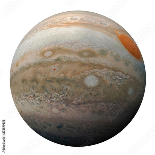 Full disk of planet Jupiter globe from space isolated on white background. View of Jupiter's Great Red Spot and turbulent southern hemisphere. Elements of this image furnished by NASA.