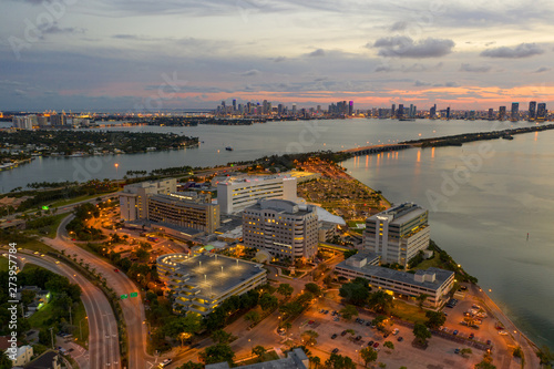 Beautiful twilight aerial Mount Sinai Hospital Medical Center Miami Beach