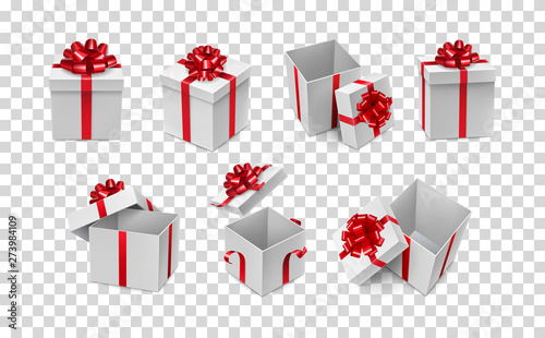 Various white boxes with red ribbon bows mockup. Any competition winner prize container with silk tape decoration. Many realistic gift boxes isolated on transparent background vector illustration