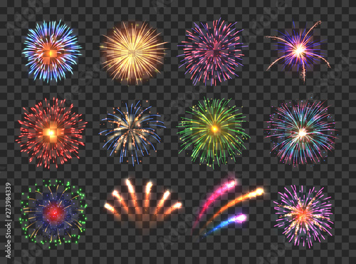 Big set of various fireworks with brightly shining sparks. Colorful pyrotechnics show. Realistic fireworks celebration isolated vector illustration. Beautiful light performance in night sky.