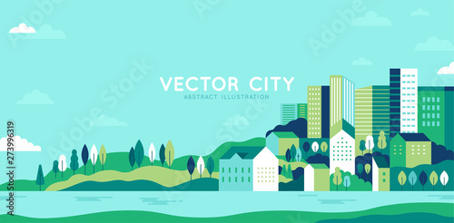 Vector illustration in simple minimal geometric flat style - city landscape with buildings, hills and trees - abstract horizontal banner