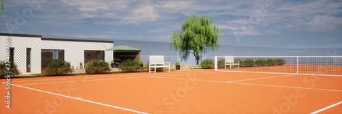 vue 3d terrain de tennis privé en terre battue 