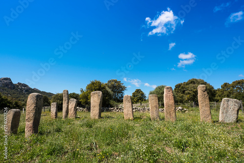 Megalithic stone alignment at Cauria site near Sartene, in Corsica, France 2019.