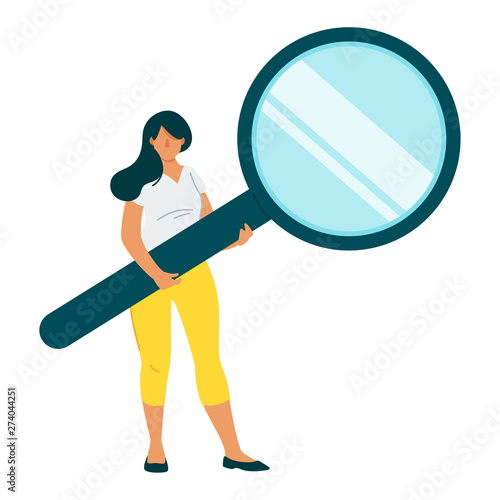 Woman holding magnifying glass flat vector character