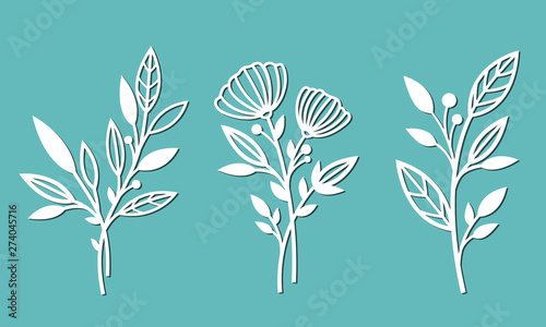 Branches with flowers and leaves. Patterns for decoration. Elements for cutting out of paper, plotter or laser cutting.