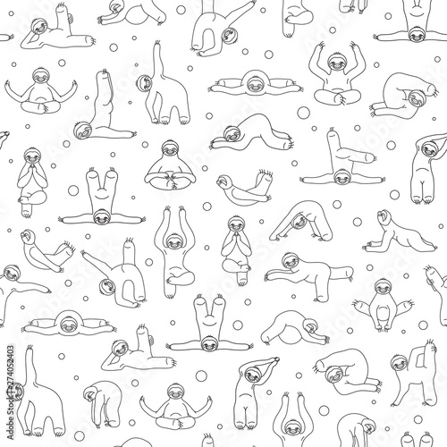 Заголовок: Sloth yoga collection. Funny cartoon animals seamless pattern