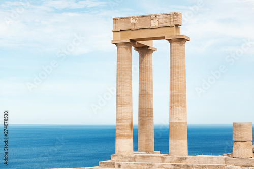 Travel landmarks and archeological sites. Great view of Acropolis ruins in Lindos at the Rhodes island.